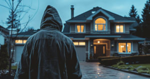 A hooded figure ominously stares at a family home.