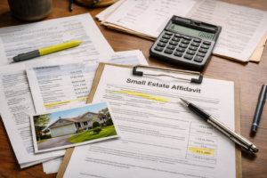 Probate paperwork and financial documents used to determine what counts toward California’s small-estate limit.